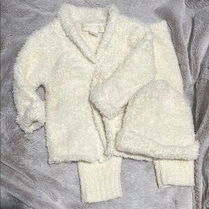 Barefoot Dreams Cozy Cream Fuzzy Cardigan, Pants and Hat Set